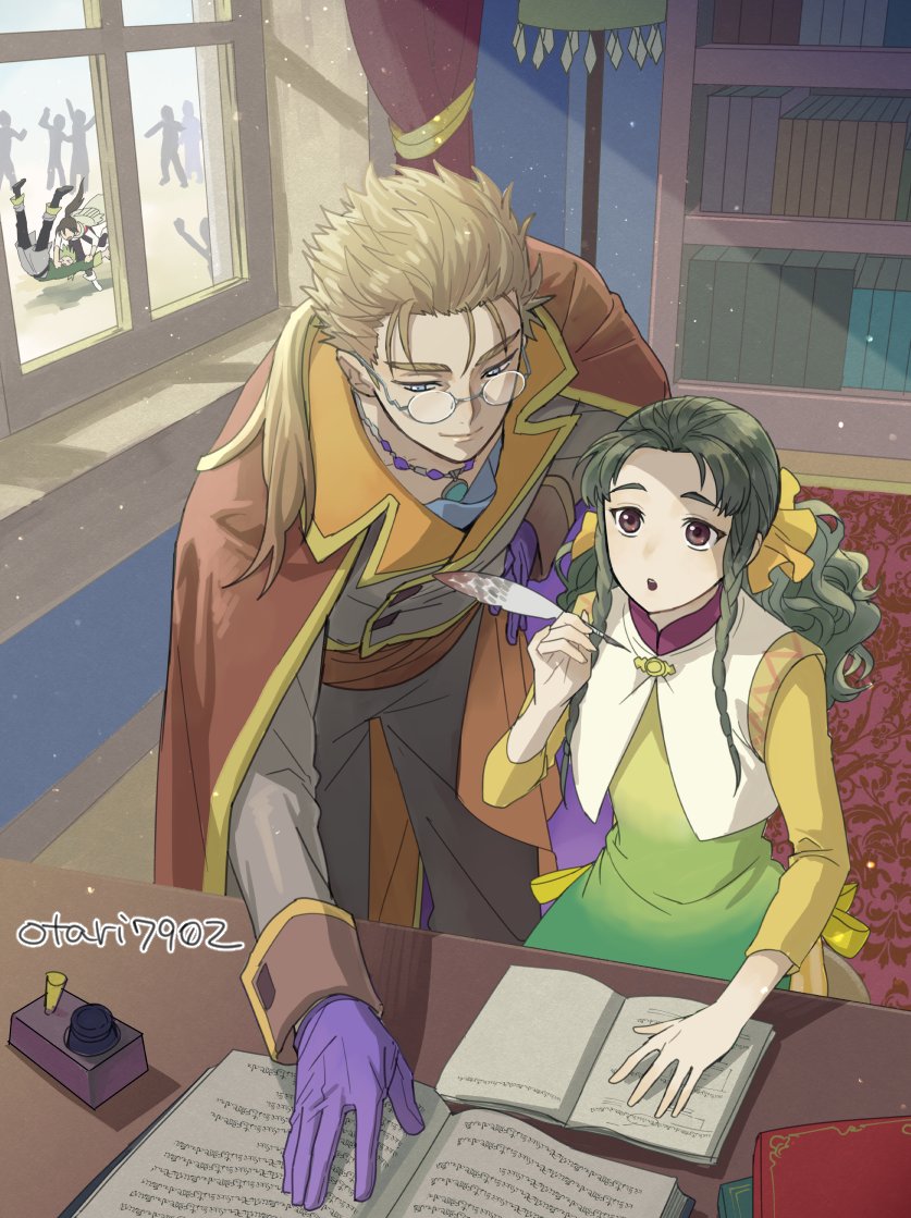 2boys, 2girls, book, closed_mouth, ellen_carson, glasses, gloves, indesign