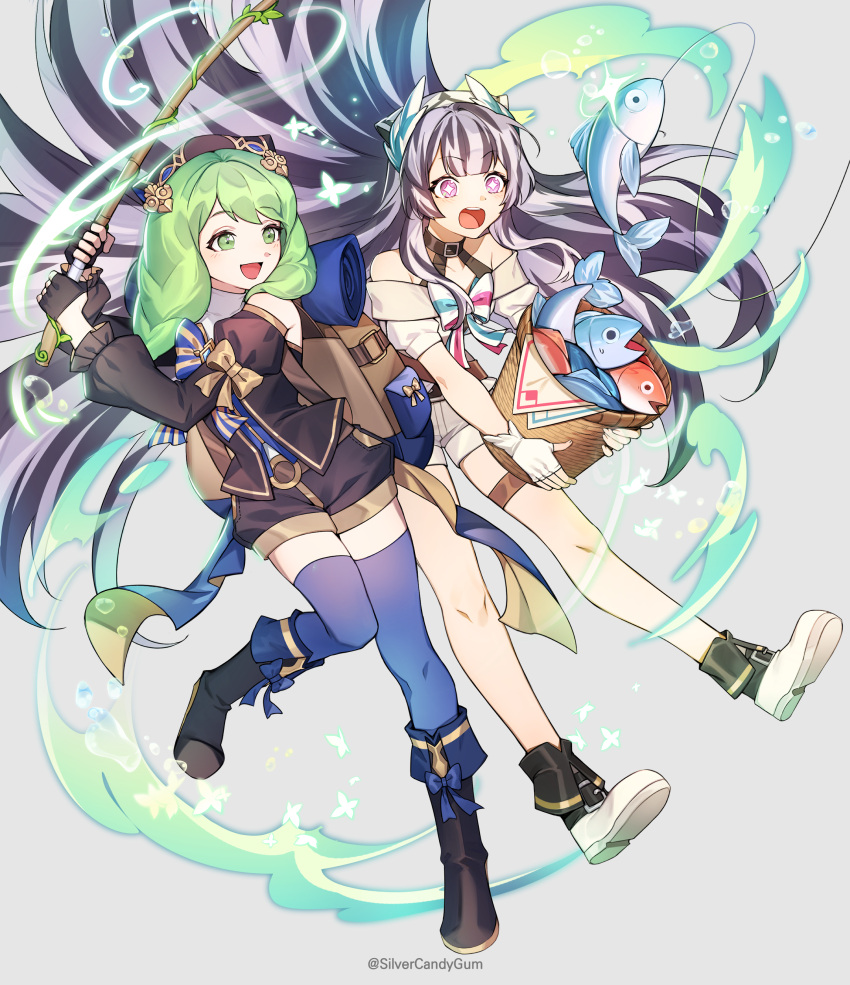 2girls, absurdres, artist_name, bare_shoulders, basket, black_hair, boots, commission