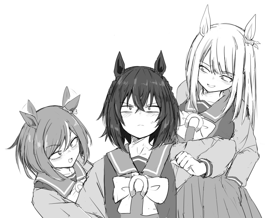 3girls, afterimage, anger_vein, annoyed, asymmetrical_bangs, bow, bowtie, braid