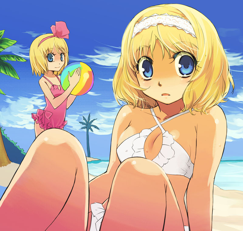 alice_margatroid, alice_margatroid_(pc-98), ball, beach, beachball, bikini, blonde_hair, blue_eyes