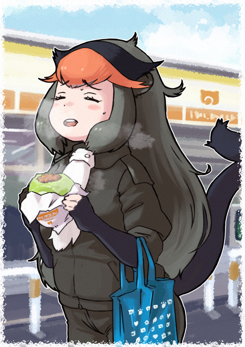 1girl, absurdres, animal_ears, bag, black_hair, brown_hair, closed_eyes, de_brazza's_monkey_(kemono_friends)