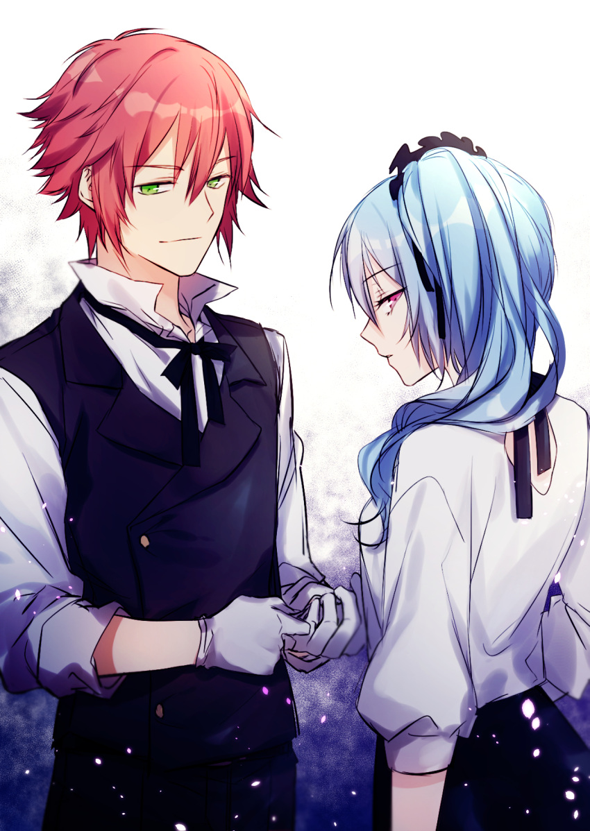 1boy, 1girl, black_ribbon, black_vest, blue_hair, claire_rieveldt, closed_mouth, eiyuu_densetsu