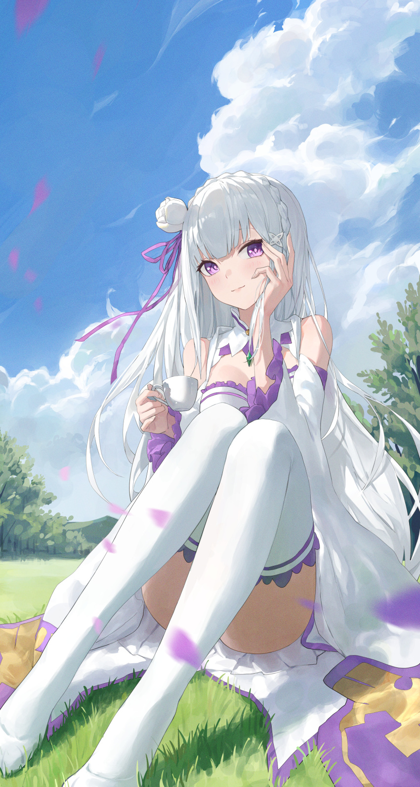 1girl, absurdres, bare_shoulders, blue_sky, braid, closed_mouth, commentary_request, crown_braid