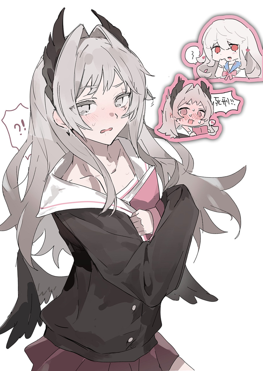 !?, 2girls, @_@, arknights, blue_archive, blush, cosplay, green_eyes, grey_hair, hanako_(blue_archive), hanako_(blue_archive)_(cosplay), heart, highres, irene_(arknights), koharu_(blue_archive), koharu_(blue_archive)_(cosplay), long_hair, manga_(object), multiple_girls, paopp9961, red_eyes, scar, scar_across_eye, school_uniform, specter_(arknights), white_background, wings