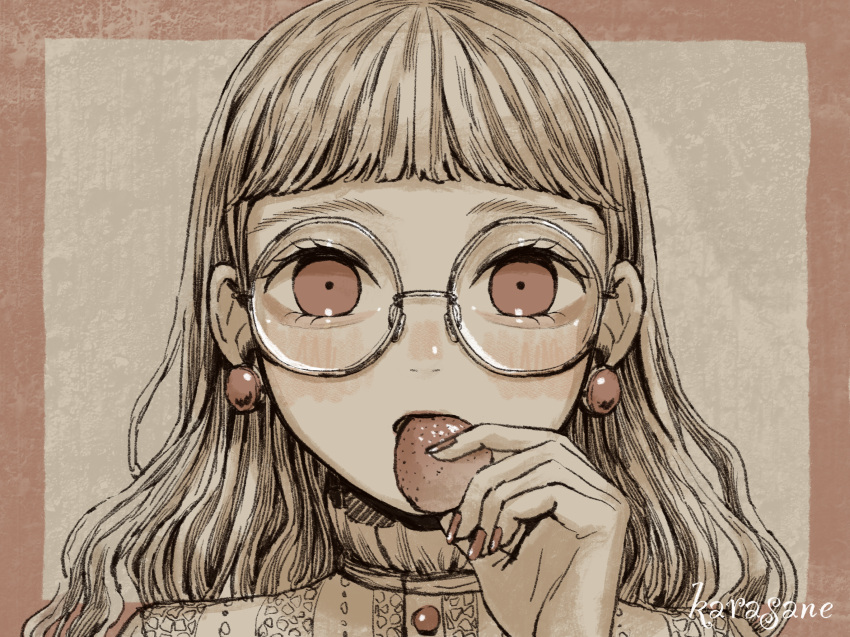 1girl, artist_name, border, buttons, commentary, earrings, eating, eyelashes