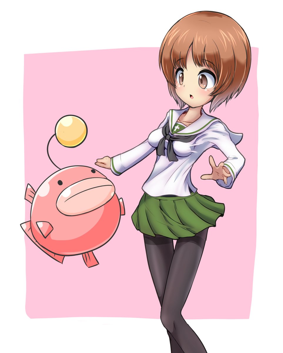 1girl, angelfish, black_neckerchief, black_pantyhose, brown_eyes, brown_hair, chestnut_mouth, fish, girls_und_panzer, green_skirt, highres, long_sleeves, miniskirt, neckerchief, nishizumi_miho, ooarai_school_uniform, pantyhose, pink_background, pleated_skirt, sailor_collar, sailor_shirt, school_uniform, serafuku, shirt, short_hair, skirt, solo, standing, thighband_pantyhose, two-tone_background, white_sailor_collar, white_shirt, zakkin_(zakkinman)