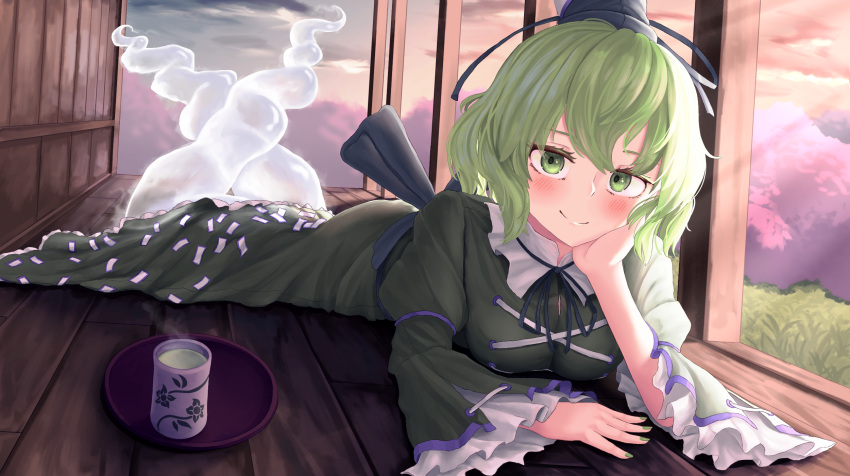 1girl, black_headwear, blush, closed_mouth, commentary, cross-laced_clothes, cup, dress