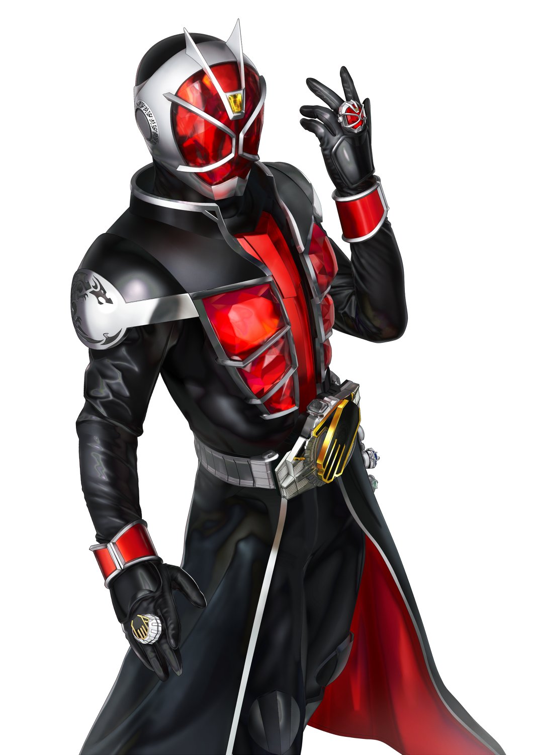 1boy, armor, commentary_request, cowboy_shot, cropped_legs, driver_(kamen_rider), flame_style, gem