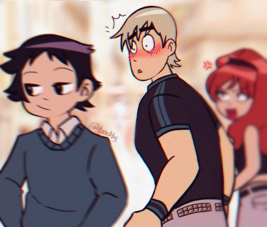 1girl, 2boys, bisexual_male, black_hair, blush, bodtyy, bored, character_request