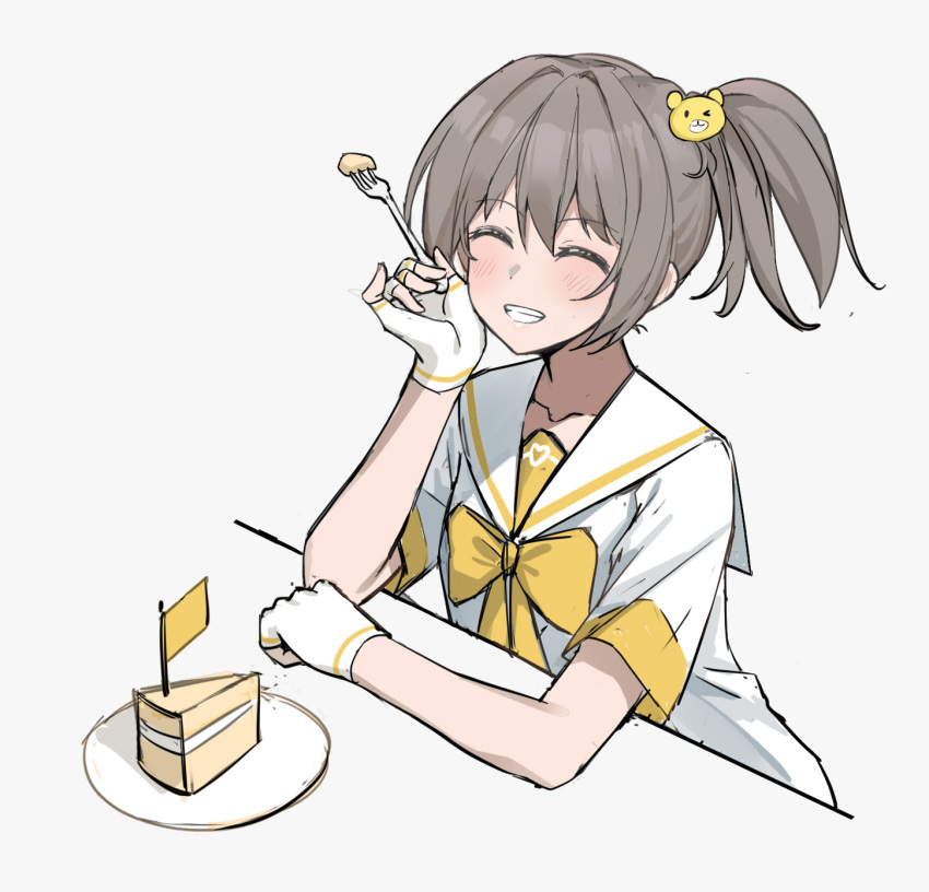 1girl, alternate_costume, bear_hair_ornament, bow, cake, cake_slice, closed_eyes, fingerless_gloves
