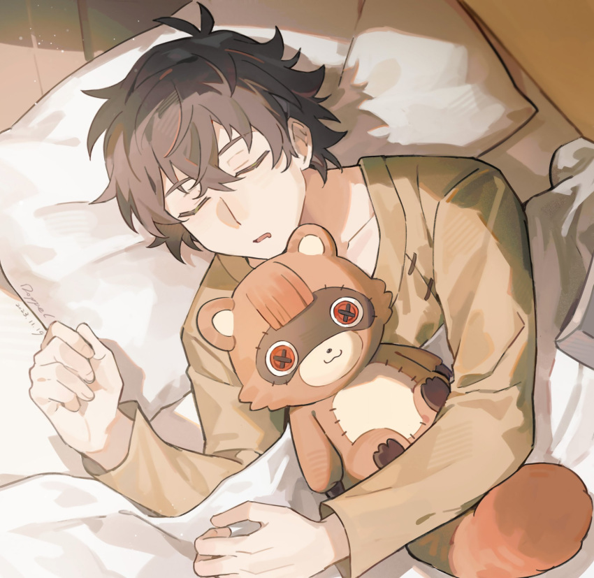 1boy, alternate_costume, antenna_hair, bed, bed_sheet, black_hair, closed_eyes, collarbone