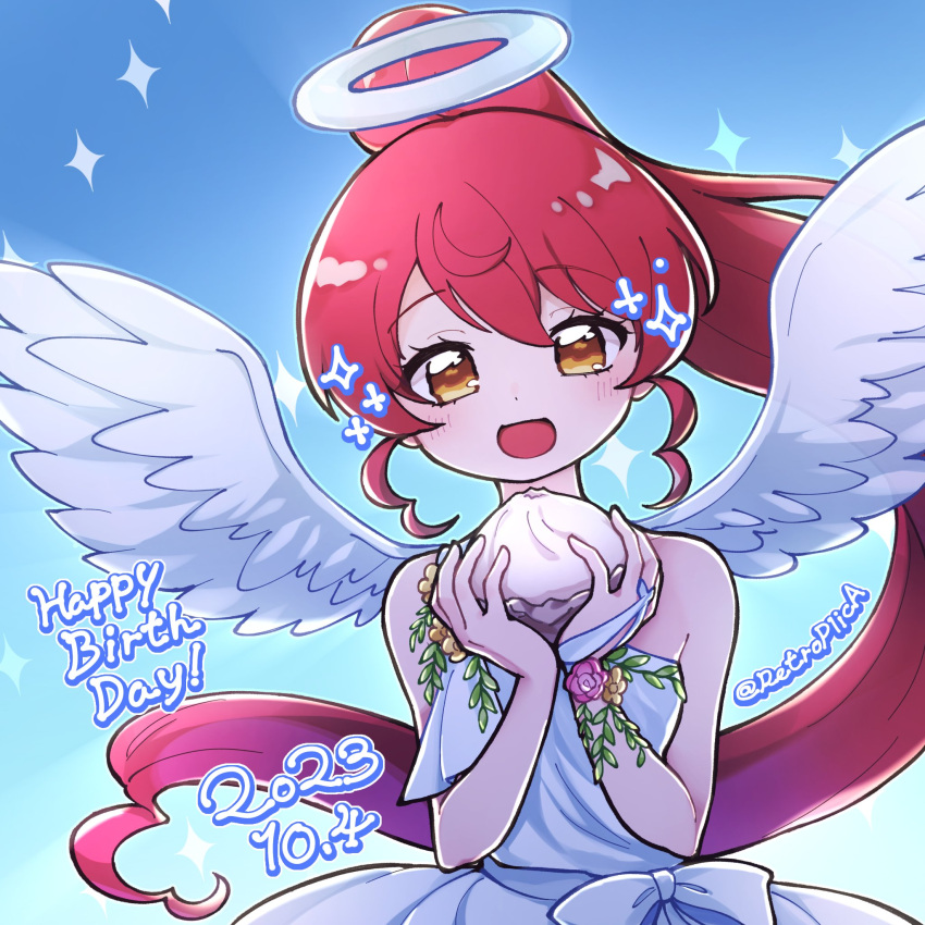 1girl, :d, angel, angel_wings, baozi, bare_shoulders, blue_background, blush