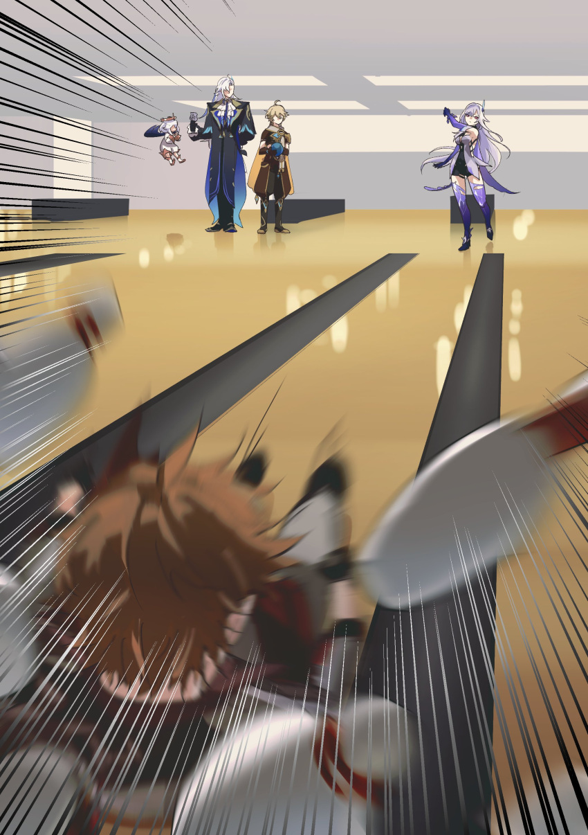 2girls, 3boys, absurdres, aether_(genshin_impact), ball, black_gloves, bowling_alley, bowling_ball