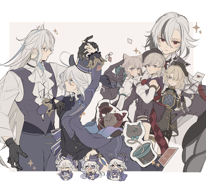 2boys, 4girls, absurdres, arlecchino_(genshin_impact), ascot, beret, black_cat, black_gloves