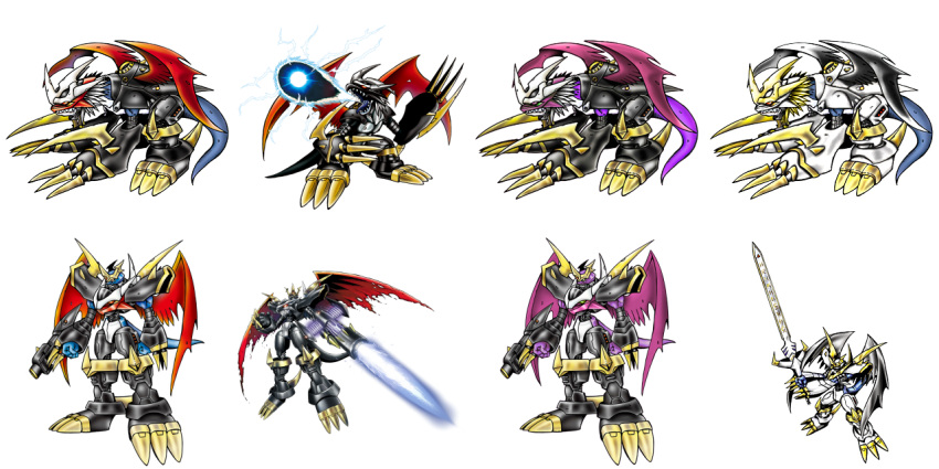 armor, cannon, claws, corruption, digimoji, digimon, digimon_(creature), digimon_adventure, digimon_adventure_02, digimon_adventure_02:_diablomon_no_gyakushu, digimon_adventure_tri., dragon, energy_sword, horns, imperialdramon, imperialdramon_dragon_mode, imperialdramon_dragon_mode_(black), imperialdramon_fighter_mode, imperialdramon_fighter_mode_(black), imperialdramon_paladin_mode, non-web_source, official_art, sharp_teeth, simple_background, sword, tail, teeth, third-party_edit, weapon, white_background, wings