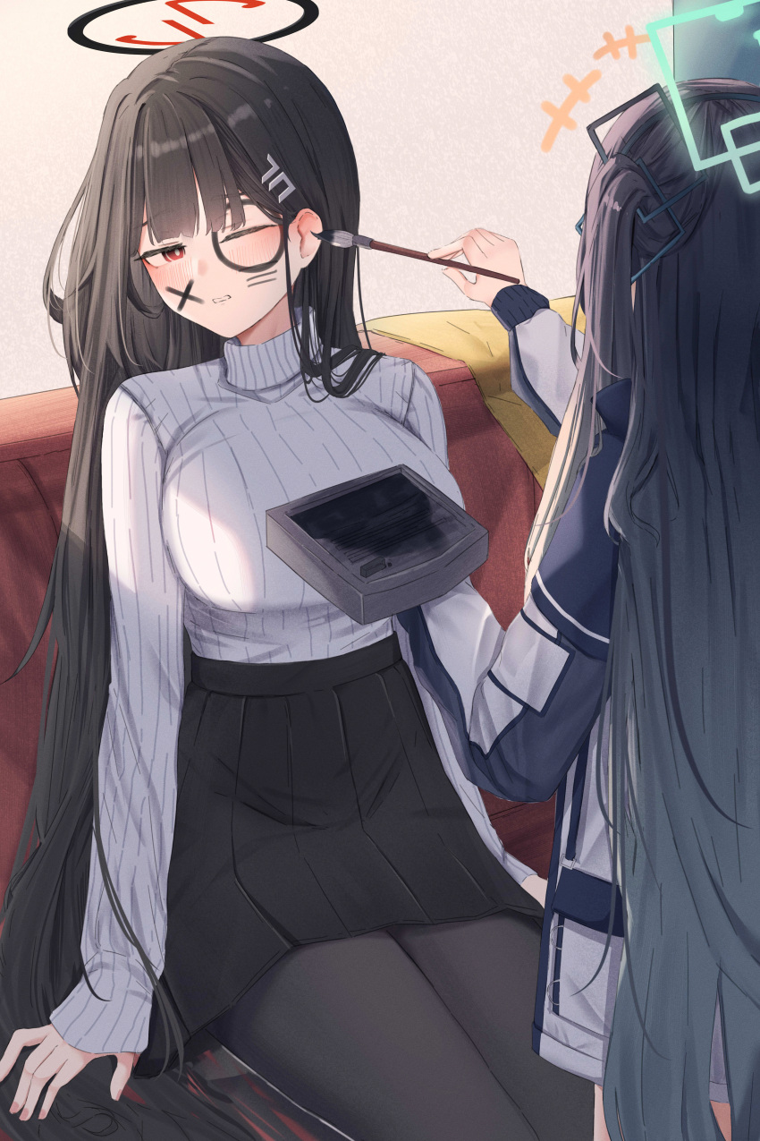 +++, 2girls, absurdly_long_hair, absurdres, aris_(blue_archive), black_hair, black_pantyhose, black_skirt, blue_archive, blush, breasts, calligraphy_brush, green_halo, hair_ornament, hairpin, halo, highres, holding, holding_brush, large_breasts, leonardo_566, long_hair, long_sleeves, multiple_girls, one_eye_closed, one_side_up, open_mouth, paintbrush, pantyhose, pleated_skirt, red_eyes, ribbed_sweater, rio_(blue_archive), skirt, sweater, turtleneck, turtleneck_sweater, very_long_hair, white_sweater