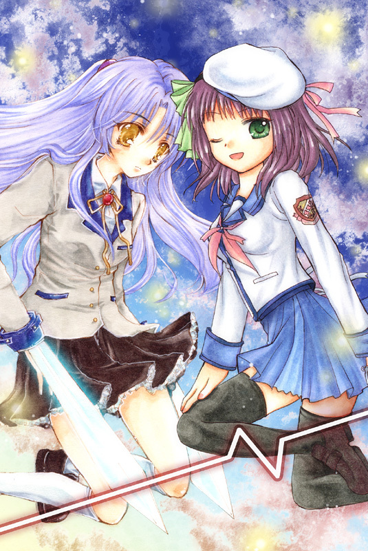 angel_beats!, blazer, blue_hair, collaboration, green_eyes, hand_sonic, hat, hinokami_sakura