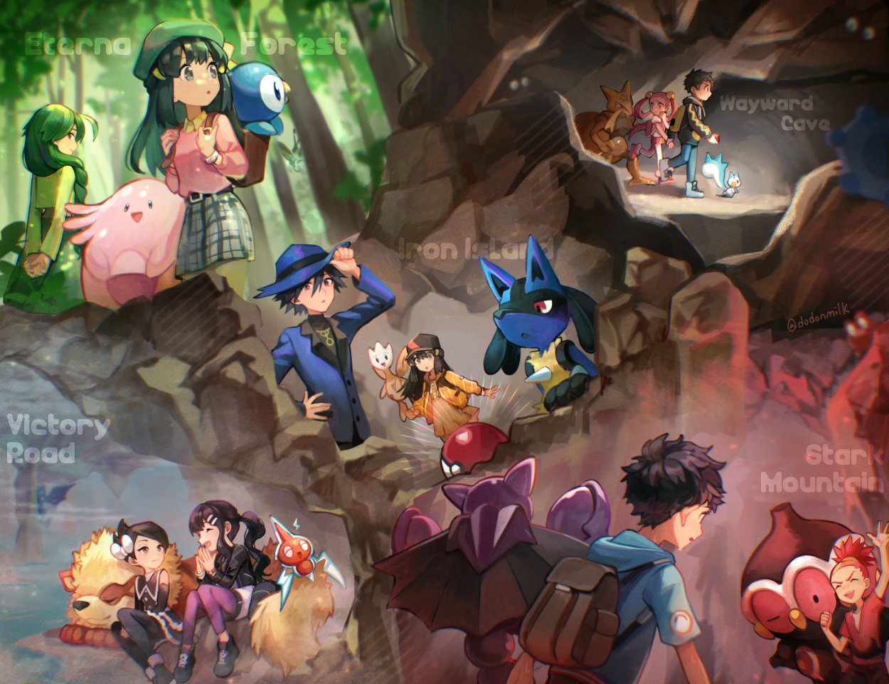 3boys, 4girls, arcanine, backpack, bag, belt, black_belt, black_footwear
