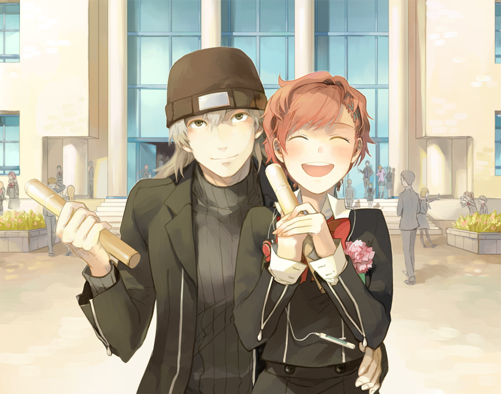 brown_eyes, brown_hair, closed_eyes, couple, diploma, female_protagonist_(persona_3), good_end, graduation
