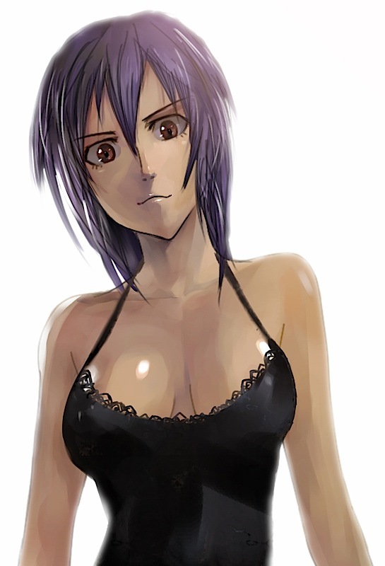 bare_shoulders, breasts, brown_eyes, cleavage, ghost_in_the_shell, halterneck, head_tilt, ikuyoan