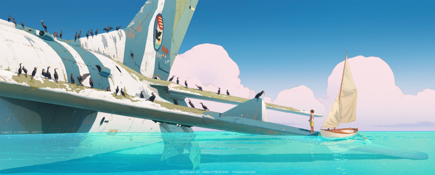 aircraft, airplane, bird, blue_sky, boat, clouds, commentary, cormorant