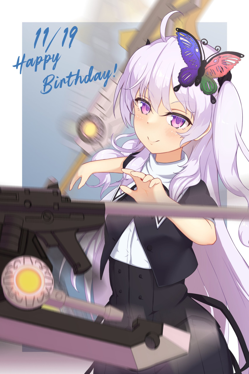 >:), 1girl, absurdres, afterimage, ahoge, assault_lily, black_ribbon, black_skirt
