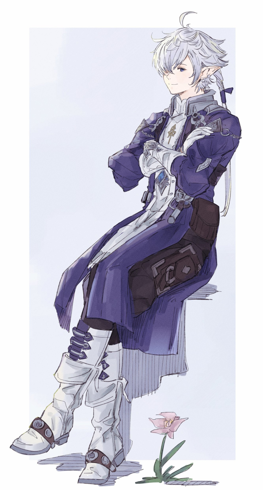 1boy, absurdres, ahoge, alphinaud_leveilleur, black_pants, blue_background, blue_coat, blue_eyes