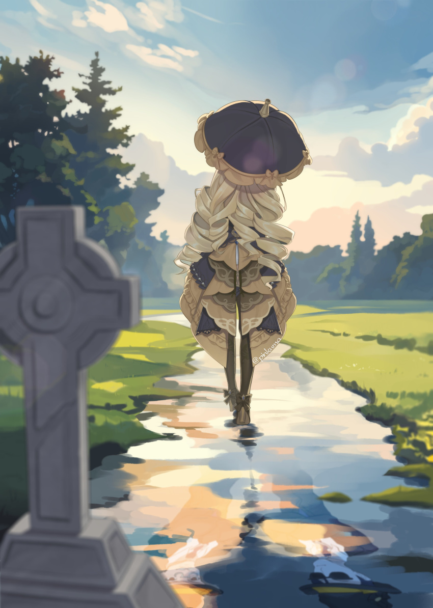 1girl, absurdres, black_headwear, breasts, clouds, dress, drill_hair, facing_away