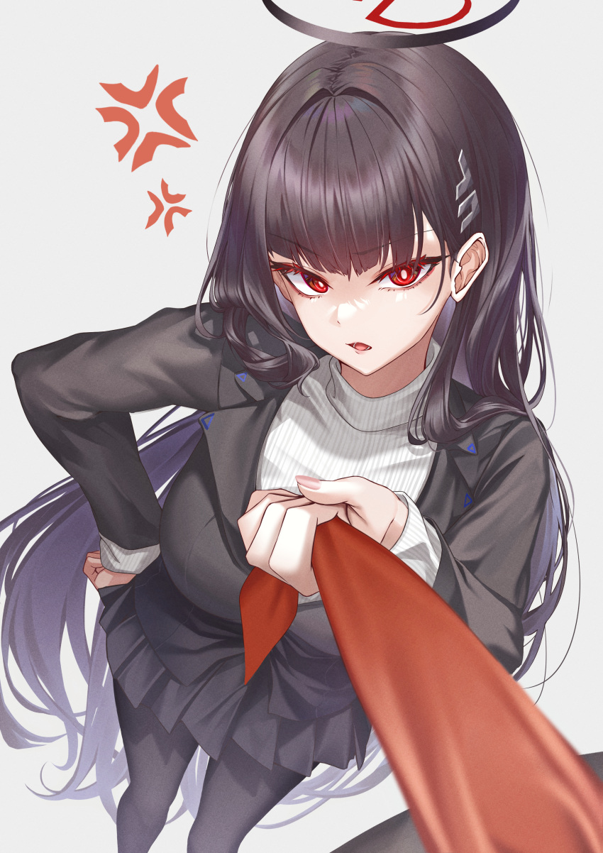 1girl, 1other, absurdres, anger_vein, black_hair, black_pantyhose, black_skirt, blue_archive