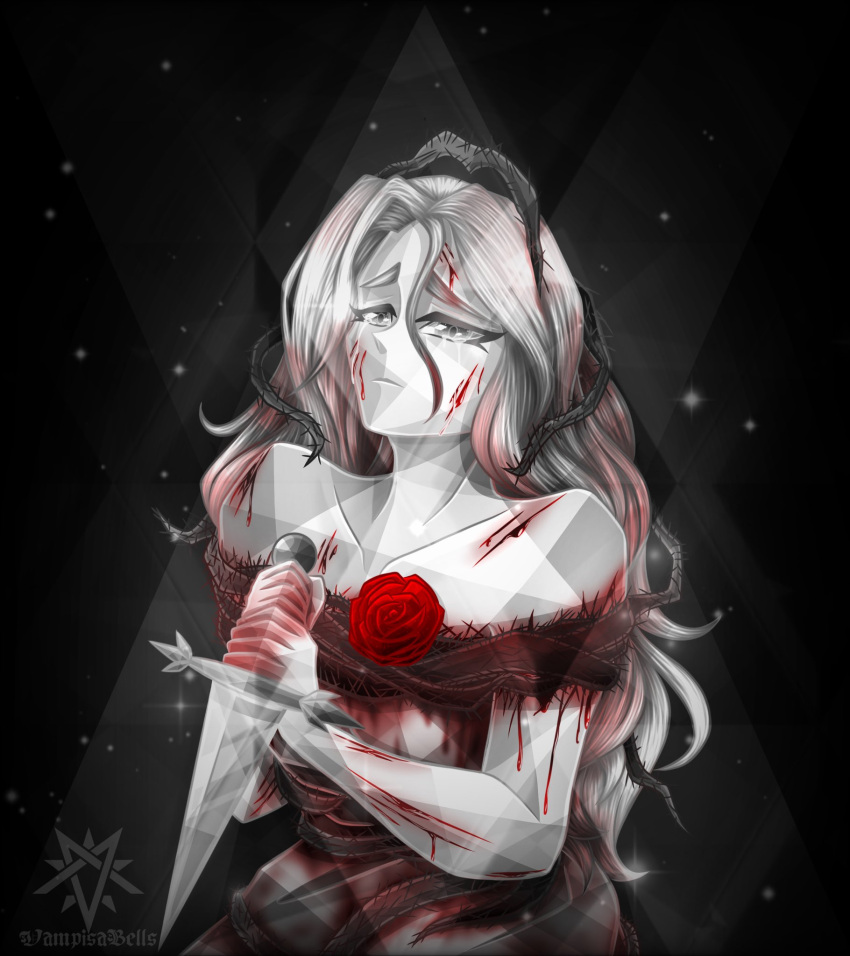 1girl, angst, artist_name, bare_shoulders, blood, blood_on_knife, closed_mouth, combat_knife