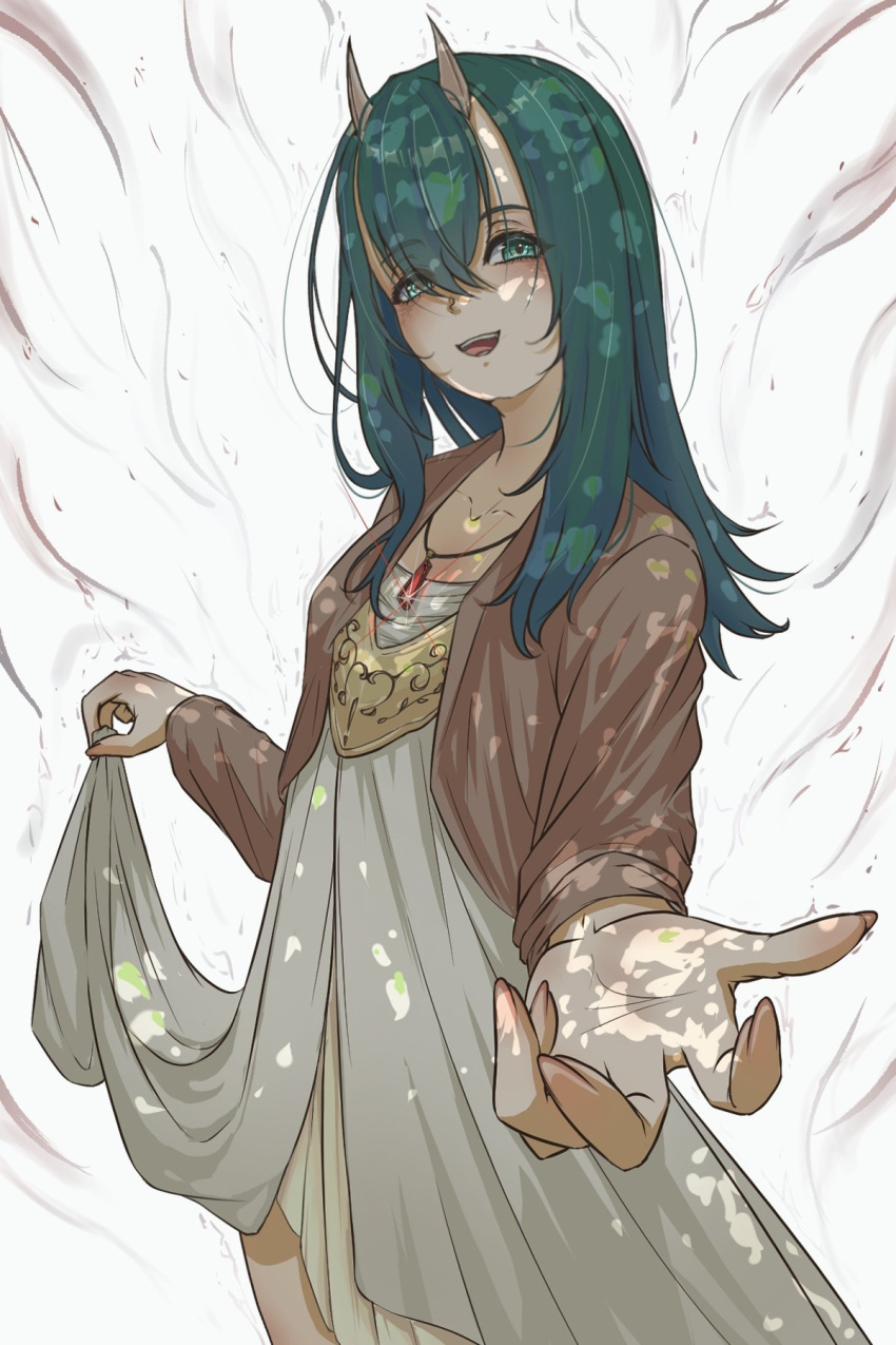 1girl, :d, akatsuki_(akatsukinotsuki), dappled_sunlight, dress, glint, green_eyes, green_hair