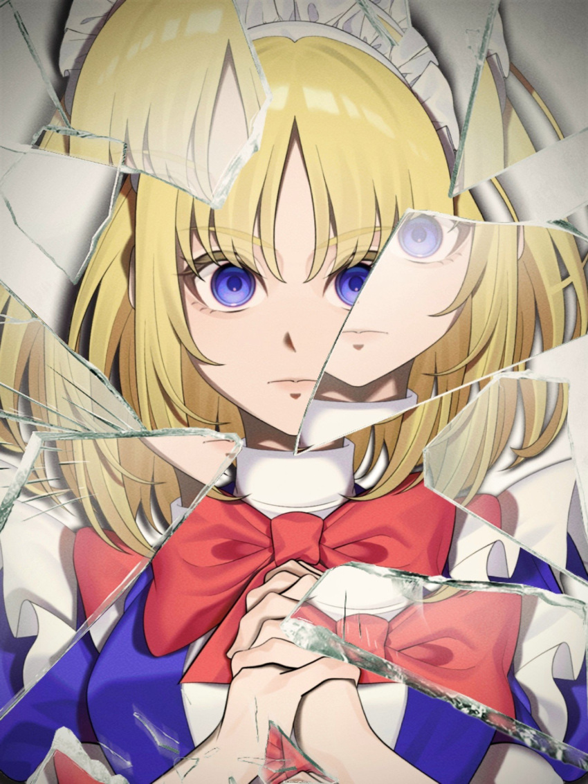1girl, app_filter, blonde_hair, blue_dress, blue_eyes, bow, broken_glass, dress