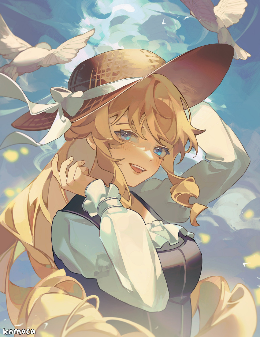 1girl, :d, absurdres, artist_name, bird, blonde_hair, blue_eyes, blush