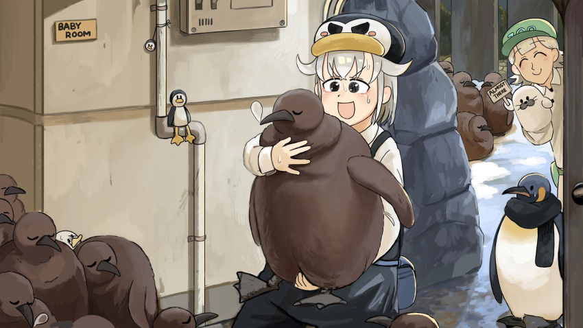 2girls, :d, ^_^, bird, black_overalls, black_scarf, carrying, closed_eyes