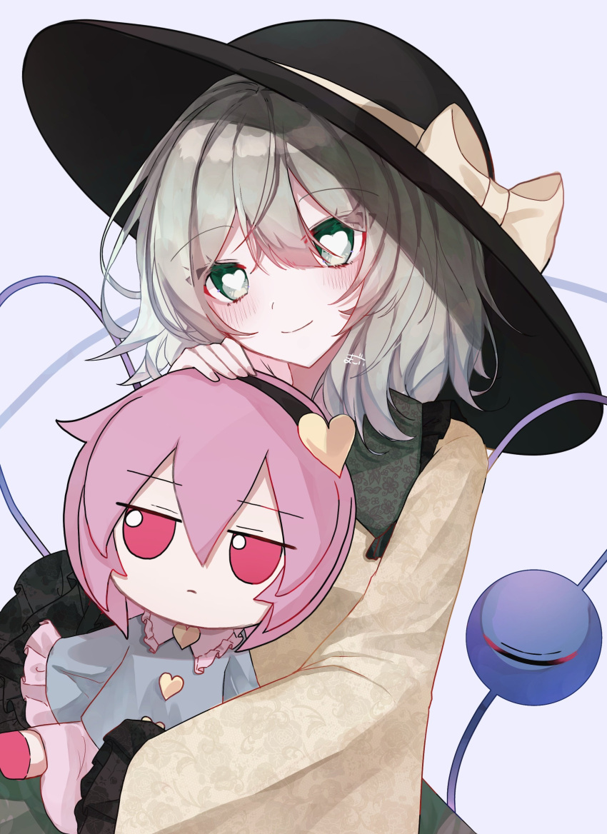 absurdres, black_headwear, bow, character_doll, frilled_shirt_collar, frilled_sleeves, frills, fumo_(doll), green_eyes, green_hair, green_skirt, hat, hat_bow, heart, heart-shaped_pupils, heart_of_string, highres, komeiji_koishi, komeiji_satori, ribbon, shion_343, shirt, skirt, symbol-shaped_pupils, third_eye, touhou, yellow_bow, yellow_ribbon, yellow_shirt