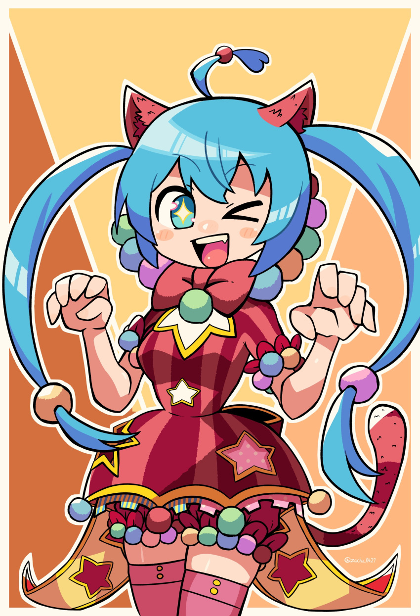 1girl, absurdres, ahoge, animal_ears, aqua_eyes, aqua_hair, blue_eyes, blue_hair, blush, cat_ears, claw_pose, dress, fang, hair_between_eyes, hair_ornament, hatsune_miku, highres, long_hair, looking_at_viewer, one_eye_closed, open_mouth, pom_pom_(clothes), project_sekai, red_dress, simple_background, smile, solo, striped, striped_dress, thigh-highs, twintails, twitter_username, very_long_hair, vocaloid, wonderlands_x_showtime_(project_sekai), wonderlands_x_showtime_miku, zachu_(nyzt), zettai_ryouiki