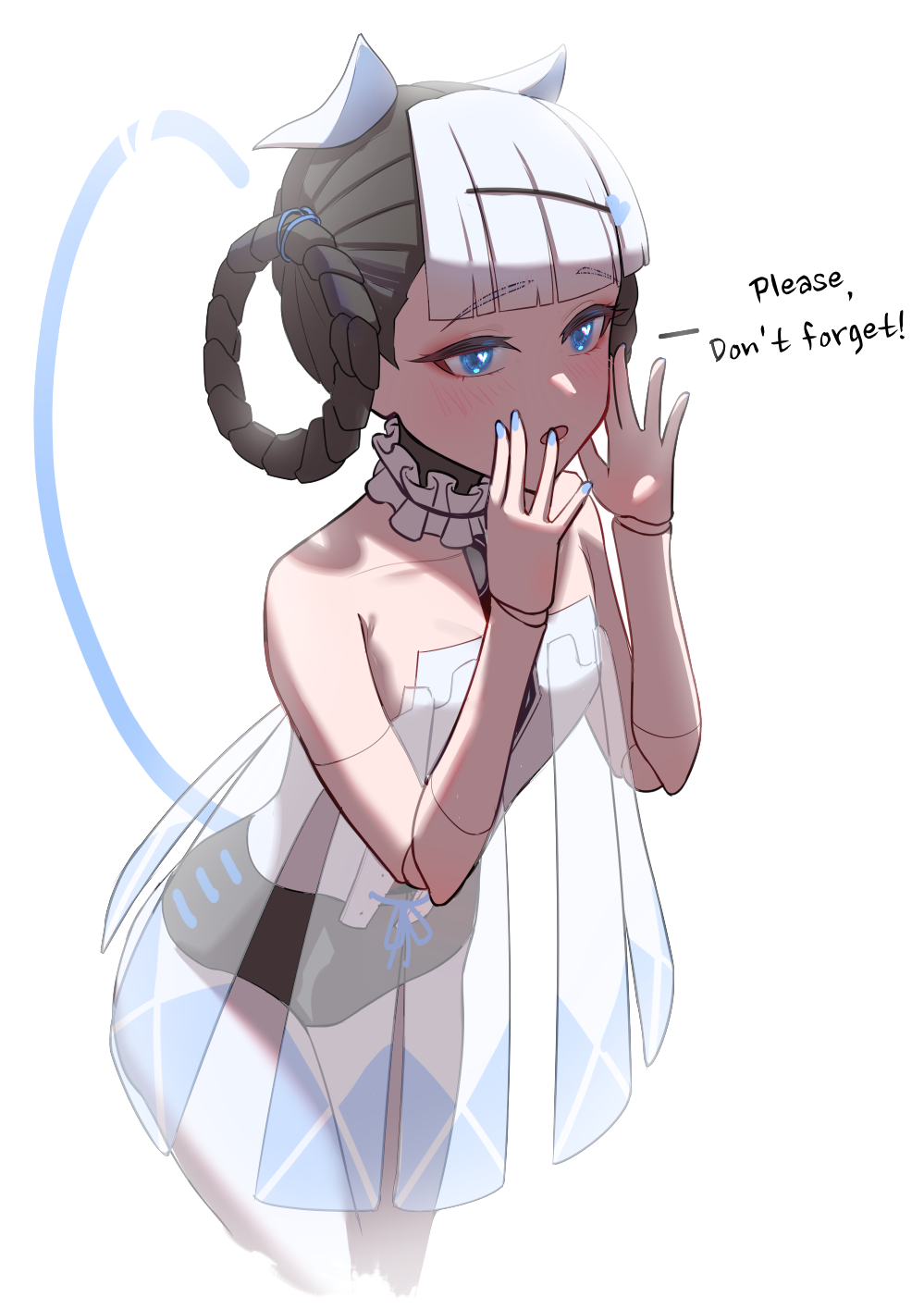 1girl, animal_ears, bambinata:_vitrum_(punishing:_gray_raven), black_hair, black_leotard, blue_eyes, blue_nails, blue_tail, blush, braid, cat_ears, cat_tail, doll_joints, dress, english_text, fake_animal_ears, fake_tail, hair_ornament, heart, heart-shaped_pupils, heart_hair_ornament, highres, joints, leotard, mechanical_arms, mechanical_parts, multicolored_hair, nyanom, open_mouth, punishing:_gray_raven, see-through, short_dress, solo, symbol-shaped_pupils, tail, twin_braids, two-tone_hair, two-tone_leotard, white_background, white_hair, white_leotard