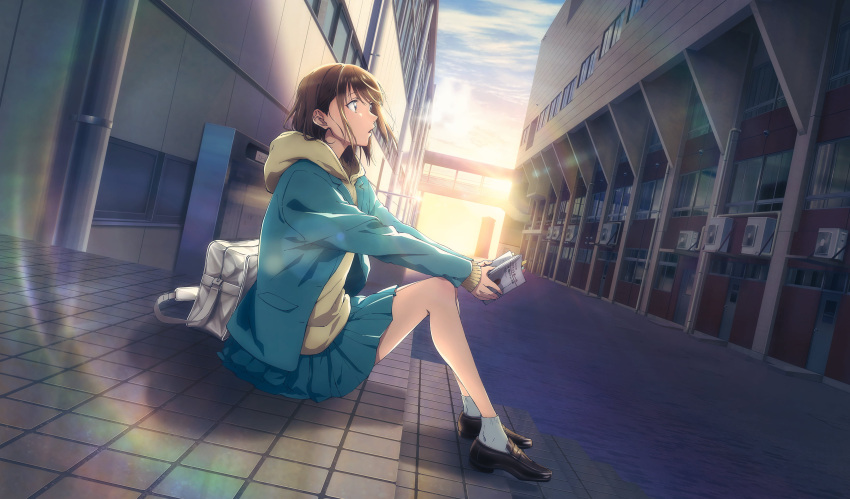 1girl, absurdres, ao_no_hako_(wsj), bag, book, brown_eyes, brown_hair, highres, holding, holding_book, hood, hoodie, kano_chinatsu, key_visual, lens_flare, looking_to_the_side, medium_hair, official_art, promotional_art, school, school_bag, school_uniform, shoes, sitting, skirt, socks, solo