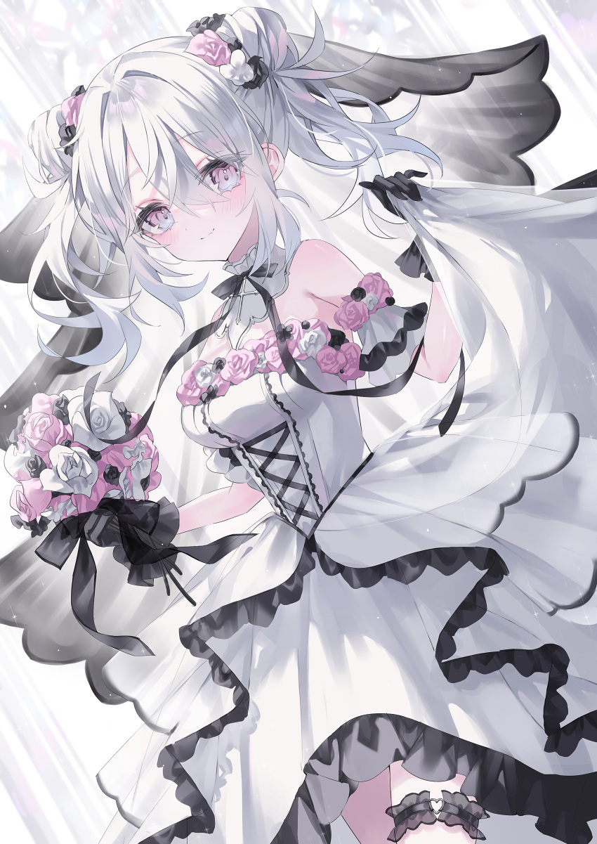1girl, absurdres, bare_shoulders, black_bow, black_bowtie, black_gloves, bouquet, bow