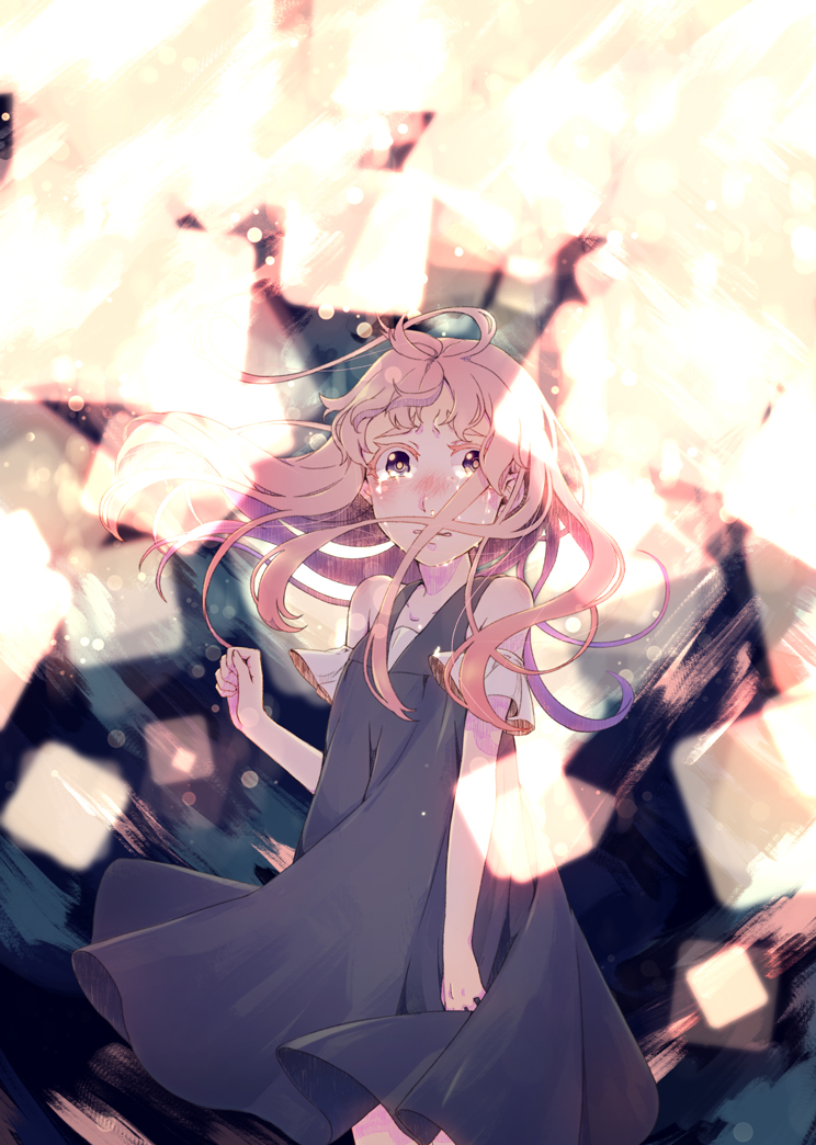 1girl, angst, arms_at_sides, bare_shoulders, black_dress, blue_eyes, blush, crying