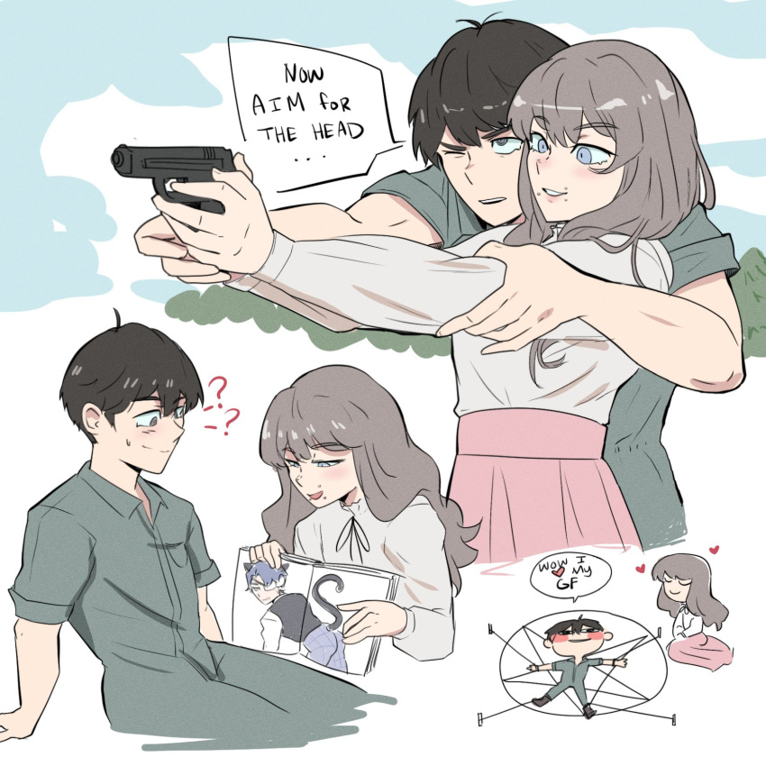 1boy, 1other, ?, ??, aiming, black_eyes, black_hair, blue_eyes, blush, english_text, fear_&amp;_hunger, grey_hair, gun, hand_on_another's_arm, highres, holding, holding_gun, holding_weapon, levi_(fear_&amp;_hunger), long_hair, marina_(fear_&amp;_hunger), mole, mole_above_mouth, mouth_piercing, onac911, one_eye_closed, otoko_no_ko, pink_skirt, skirt, weapon