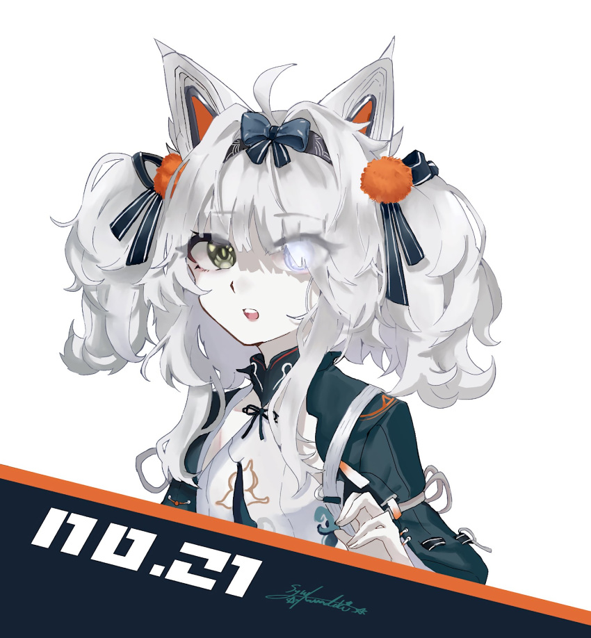 1girl, ahoge, animal_ears, black_hairband, blue_eyes, character_name, chinese_clothes, grey_eyes, grey_hair, hair_ornament, hair_over_eyes, hairband, heterochromia, highres, long_hair, long_sleeves, looking_at_viewer, mechanical_ears, no.21:_feral_scent_(punishing:_gray_raven), no.21_(punishing:_gray_raven), official_alternate_costume, official_alternate_hairstyle, open_mouth, punishing:_gray_raven, sidelocks, signature, solo, syukannaduki, teeth, twintails, two_side_up, upper_teeth_only, white_background, wolf_ears
