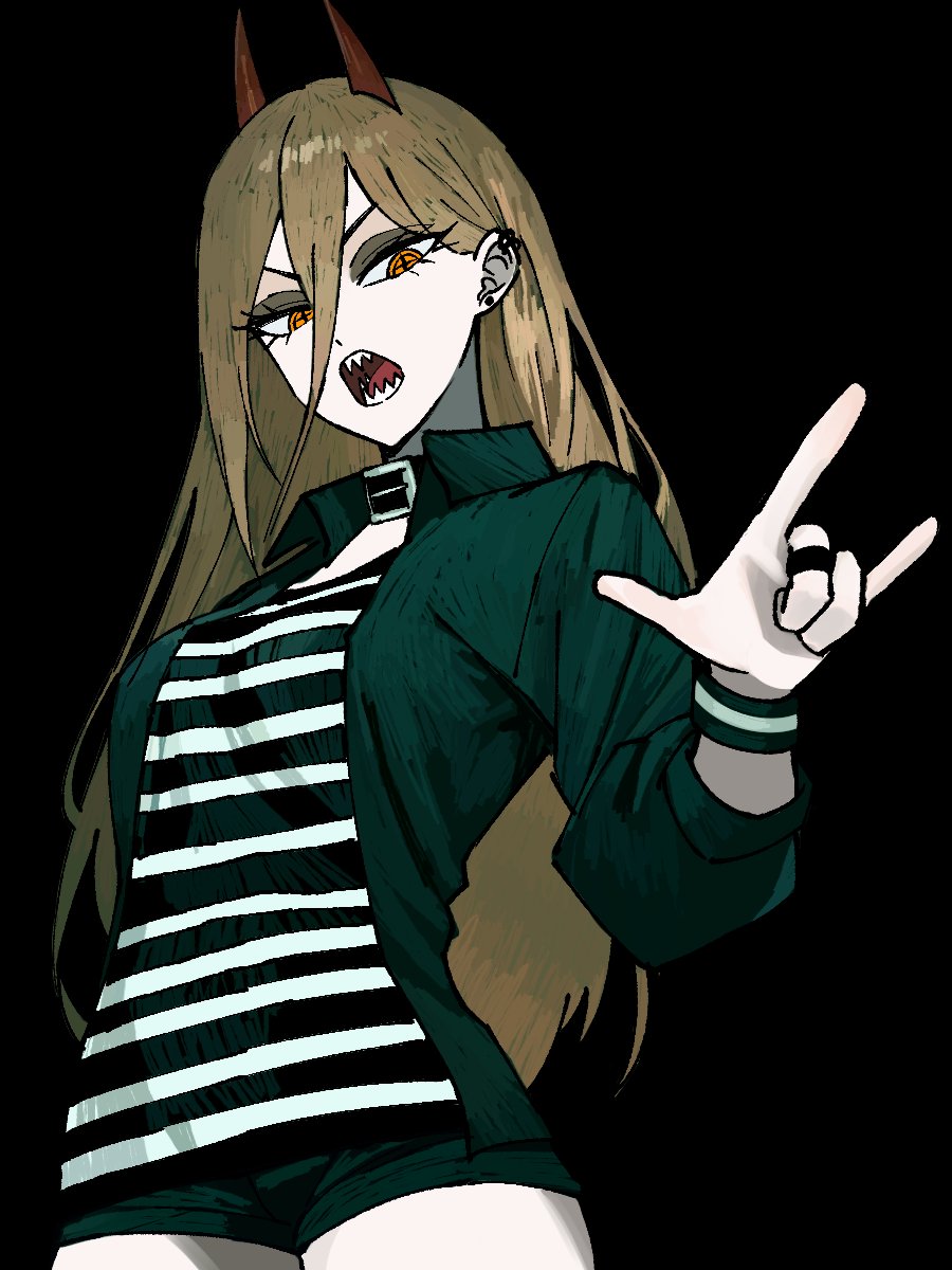 1girl, black_background, black_jacket, black_shorts, brown_hair, chainsaw_man, choker, cross-shaped_pupils