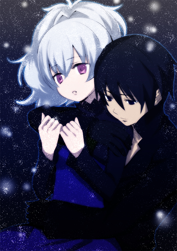 1girl, :o, arm_grab, back_hug, black_hair, blue_eyes, couple, dark