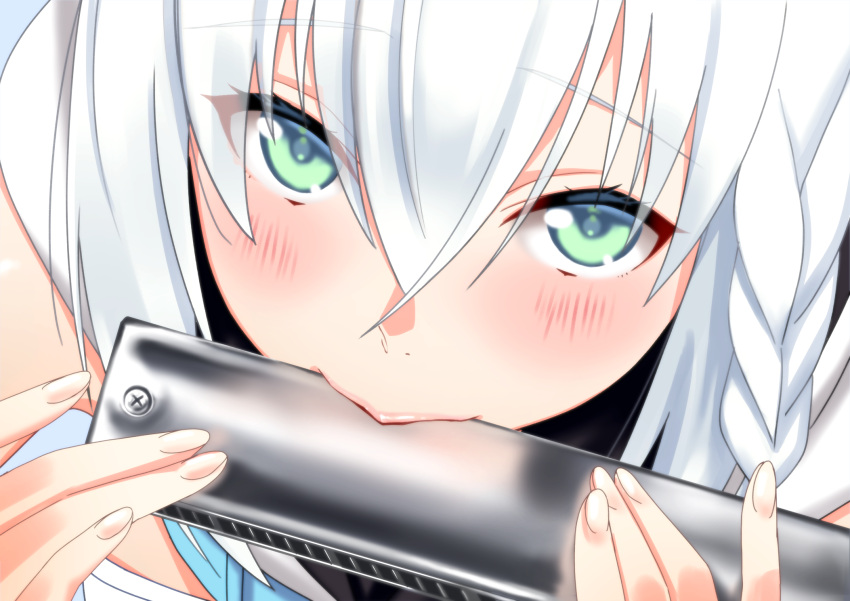 1girl, blush, braid, green_eyes, hair_between_eyes, harmonica, highres, hololive