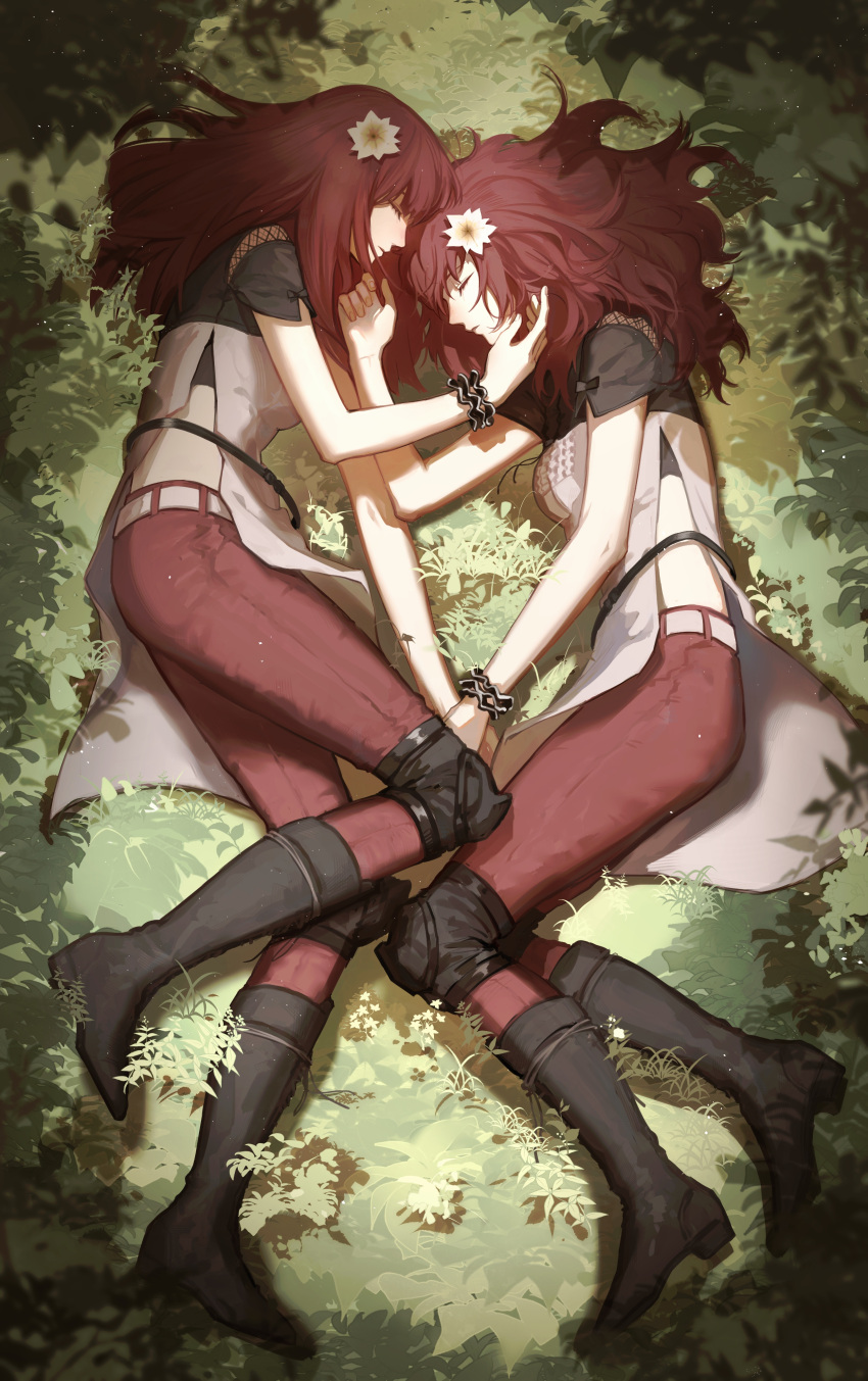 2girls, absurdres, bare_arms, belt, black_dress, black_footwear, blush, boots, breasts, chinese_commentary, closed_eyes, commentary, devola, dress, fishnet_cutout, flower, from_above, from_side, full_body, hair_flower, hair_ornament, hand_on_another's_cheek, hand_on_another's_face, heads_together, highres, holding_hands, knee_boots, knee_pads, long_hair, lying, multiple_girls, nier:automata, nier_(series), nose_blush, on_grass, on_side, pants, plant, popola, profile, red_pants, redhead, scrunchie, short_sleeves, shuangtang_shuimu, siblings, side_slit, sisters, sleeping, small_breasts, straight_hair, twins, two-tone_dress, white_belt, white_dress, wrist_scrunchie, yellow_flower