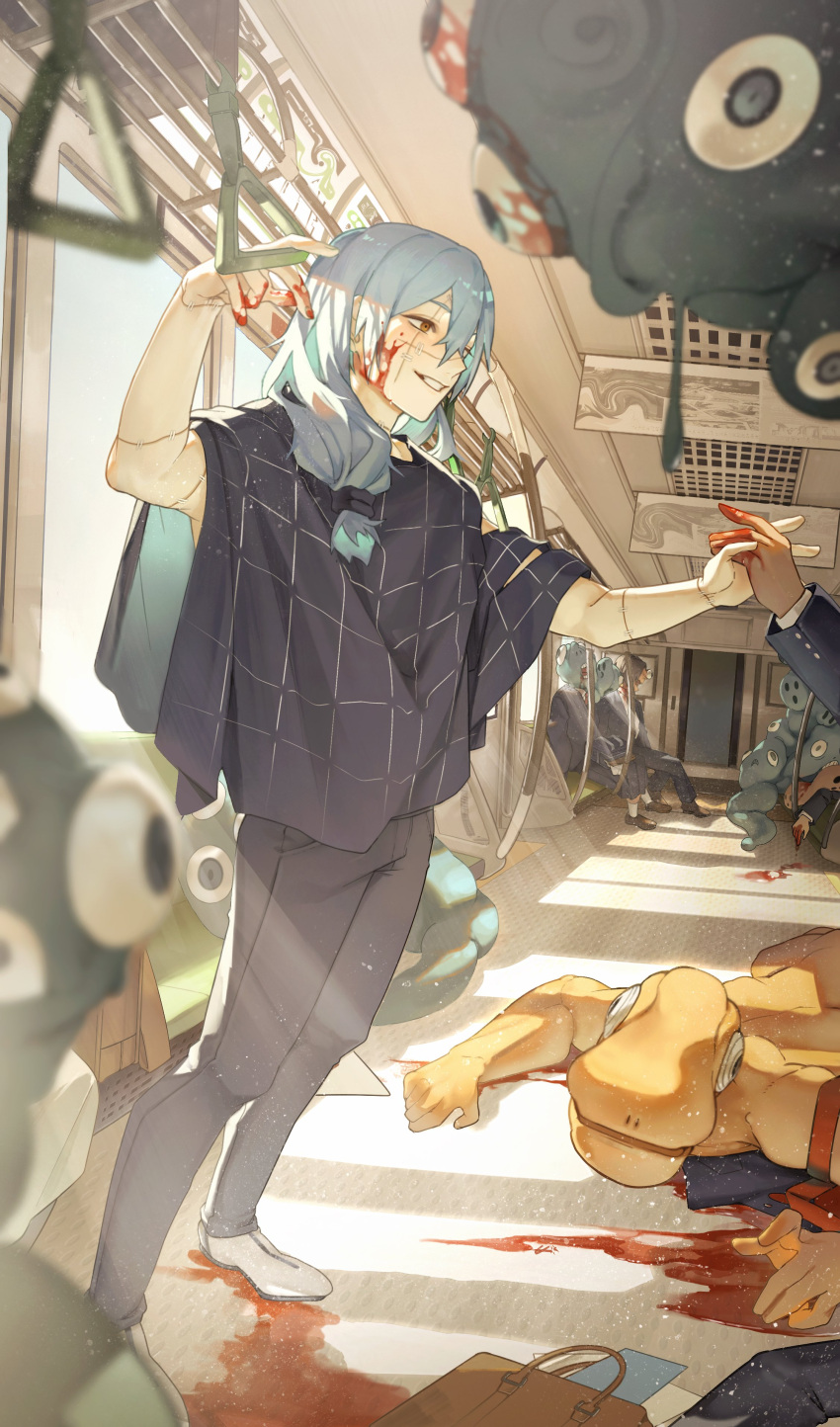 1boy, 1other, absurdres, air_(ai_r_), bag, black_pants, black_shirt, blood, blood_on_face, blood_on_ground, blood_on_hands, blue_eyes, ceiling, curse, door, fingernails, floor, grey_hair, hair_between_eyes, heterochromia, highres, jujutsu_kaisen, long_hair, mahito_(jujutsu_kaisen), male_focus, outdoors, pants, people, shadow, shirt, sidelocks, smile, solo_focus, standing, stitched_arm, stitched_face, stitched_neck, stitches, striped, striped_shirt, train_interior, white_footwear, window, window_shade
