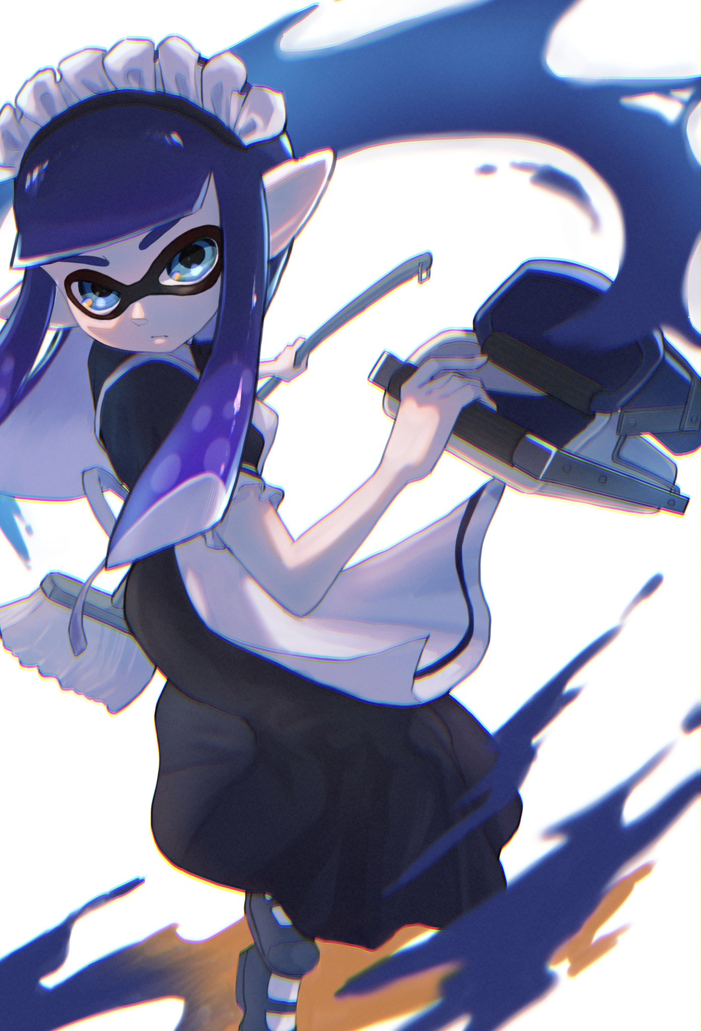 1girl, apron, blue_eyes, bucket, commentary_request, dread_wringer_(splatoon), highres, holding
