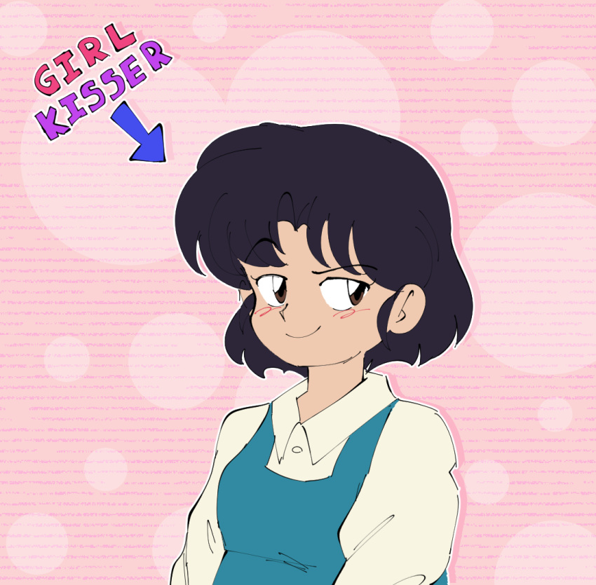 1girl, bisexual_female, bisexual_flag, blue_hair, blush, brown_eyes, circle, english_text, fuurinkan_high_school_uniform, implied_bisexual, pink_background, plushkaiju, ranma_1/2, school_uniform, shirt, short_hair, smile, solo, tendou_akane, white_shirt