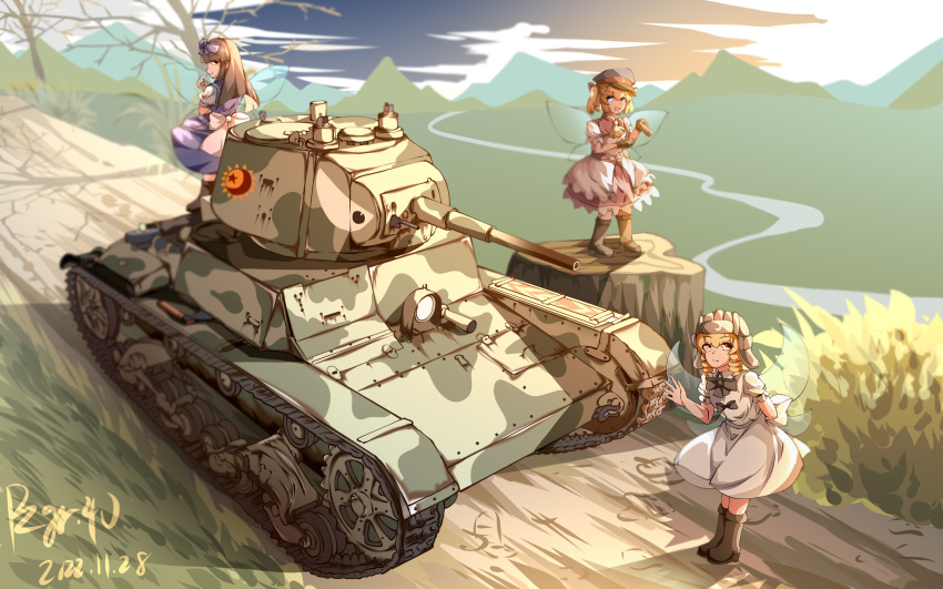 3girls, absurdres, blonde_hair, blue_bow, blue_dress, bow, brown_hair, caterpillar_tracks